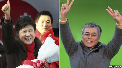 Ứng cử viên Park Geun-Hye (trái) và ông Moon Jae-In.