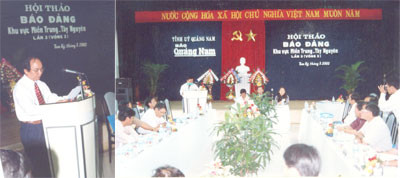 Chủ tịch UBND tỉnh Quảng Nam Nguyễn Xuân Phúc (nay là Ủy viên Bộ Chính trị, Phó Thủ tướng Chính phủ) phát biểu tại Hội thảo báo Đảng khu vực miền Trung - Tây Nguyên tổ chức tại Quảng Nam năm 2003. Ảnh: B.M.P
