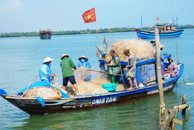 Khai thác hải sản gần bờ không hợp lý sẽ làm suy giảm nguồn lợi. TRONG ẢNH: Nghề lưới dày vùng bãi ngang. Ảnh: M.HẢI