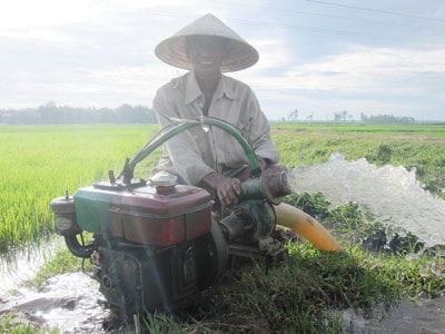 Nông dân vùng trung huyện Quế Sơn đang tận dụng mọi nguồn nước để cứu lúa. Ảnh: VĂN SỰ