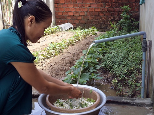 Nhiều hộ dân thôn Quảng Huệ (Đại Minh) tuy được sử dụng nguồn nước máy dẫn về từ xã Đại Thắng, nhưng trữ lượng nước luôn thiếu hụt vào thời điểm nắng hạn. Ảnh: TRIÊU NHAN