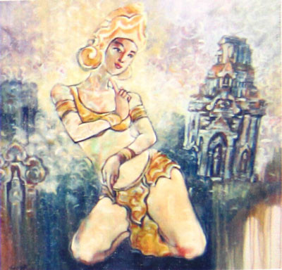 “Tháp nghiêng”, tranh acrylic của Tôn Thất Minh Nhật.