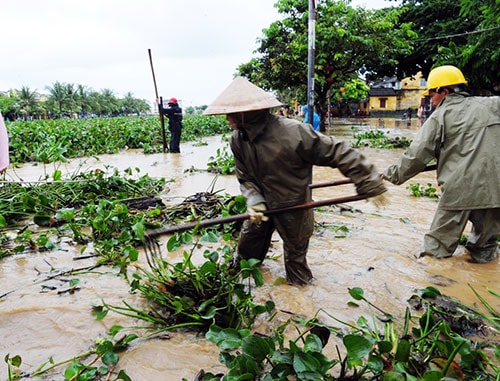 Các lực lượng dầm mưa để giải tỏa rác ở một số khu vực gần khu dân cư