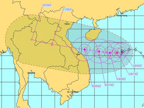 Dự báo mới nhất về vị trí, hướng di chuyển, phạm vi ảnh hưởng và ảnh mây vệ tinh của bão Wutip (tên quốc tế của bão số 10). Nguồn: Trang dự báo của Hải Quân Mỹ.