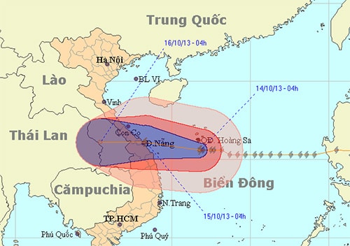 Ảnh trong bản tin lúc 4 giờ ngày 14.10 của Trung tâm Dự báo khí tượng thủy văn Trung ương.