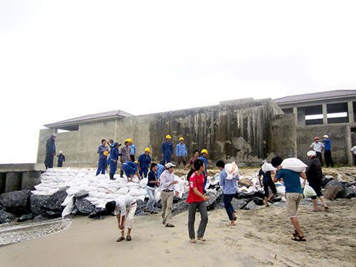 Nỗ lực kè tạm chắn sóng tại bờ biển Cửa Đại. Ảnh: QUỐC HẢI