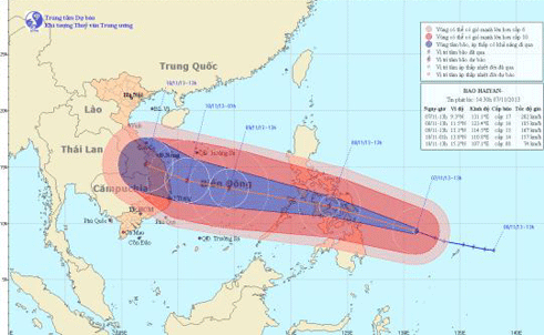 Hướng đi dự báo của siêu bão Hải Yến: Nguồn: Trung tâm DBKT TV Trung ương.