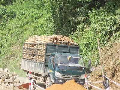 Xe chở đầy keo liều lĩnh đi qua đoạn đường bị sụt lún trên tuyến ĐT611. 