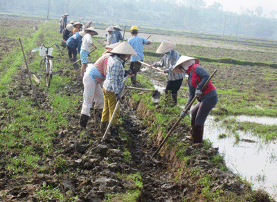 Nông dân huyện Duy Xuyên khẩn trương nạo vét kênh mương đưa nước về ruộng đồng.