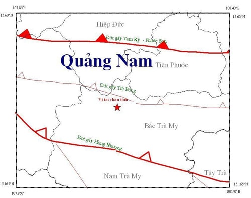 Bản đồ tâm chấn động đất 2.7 độ richter chiều ngày 12.6. (Nguồn Viện Vật lý địa cầu.