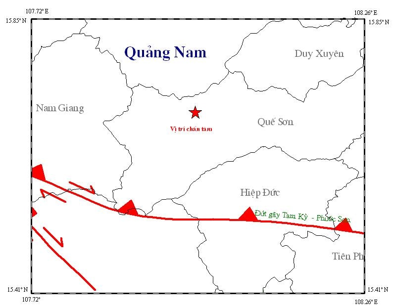 Bản đồ tâm chấn trận động đất mạnh 2,5 độ richter xảy ra tại huyện Quế Sơn chiều ngày 4.7. (Nguồn Viện Vật lý – Địa cầu).