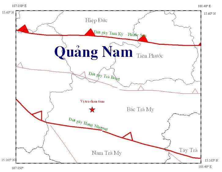 Bản đồ tâm chấn trận động đất 2,4 độ richter xảy ra chiều tối ngày 11.7 tại Sông Tranh, Quảng Nam (Nguồn Việt vật lý địa cầu).