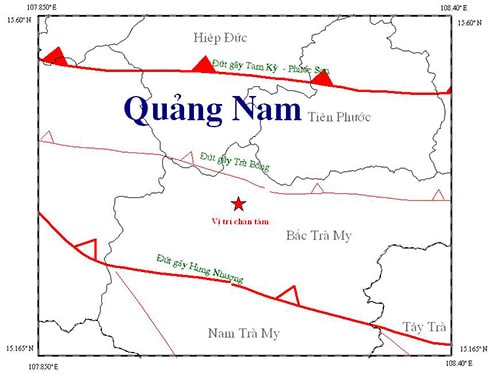 Bản đồ tâm chấn động đất trận động đất 2,6 độ richter xảy ra rạng sáng ngày 14.7 tại khu vực thủy điện Sông Tranh 2 (Nguồn Viện Vật lý địa cầu).