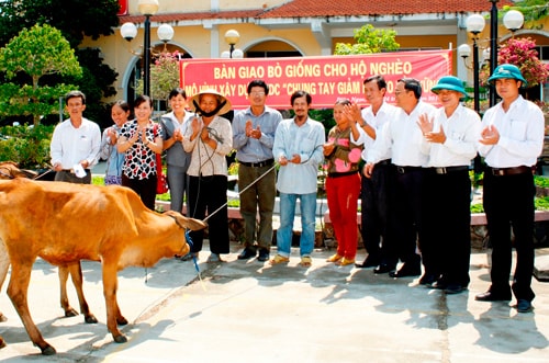 UBND xã Điện Ngọc tặng bò cho hộ nghèo.