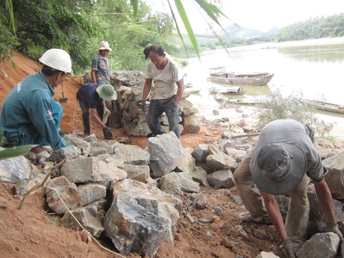 Người dân xã Quế Trung (Nông Sơn) xây kè để tránh rủi ro khi mùa mưa lũ sắp đến. Ảnh: D.T