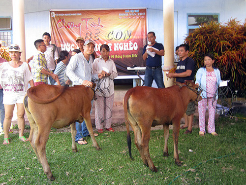 Các hộ dân nghèo các xã Tiên Sơn và Tiên Cẩm vui mừng khi nhận được bò.