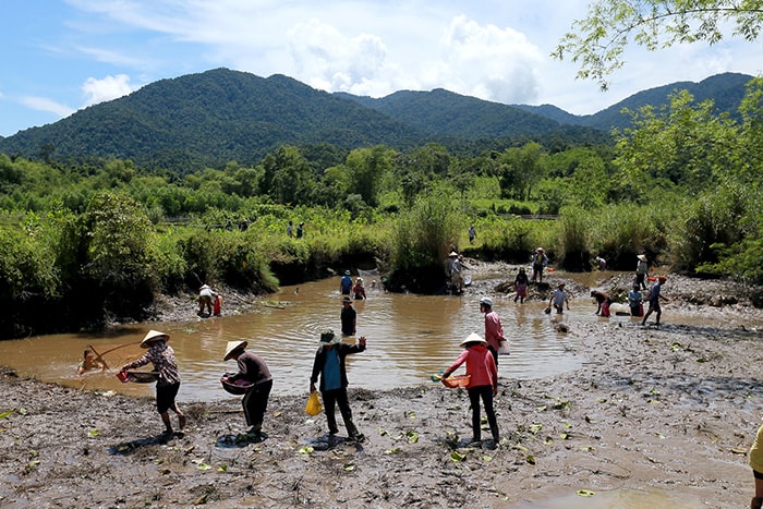 Cùng nhau bắt ốc ở lòng hồ chính.