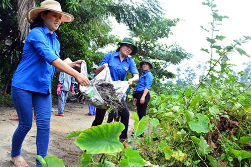 Thành viên đoàn tình nguyện chung tay bảo vệ môi trường biển đảo. 