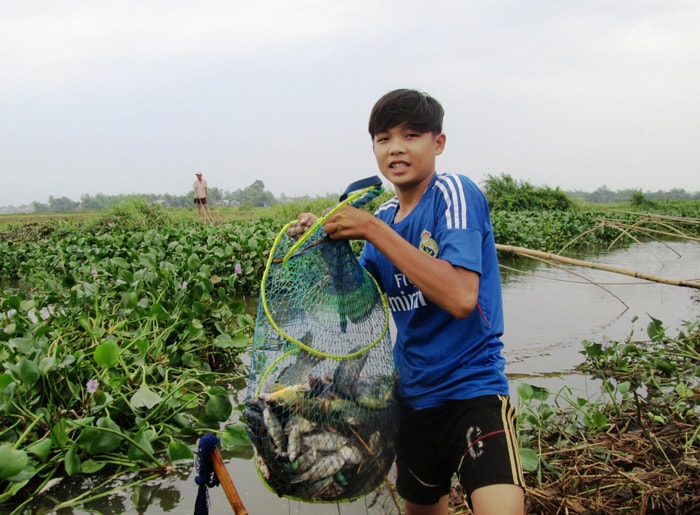 Các em học sinh cũng tranh thủ ra sông bắt cá đồng.