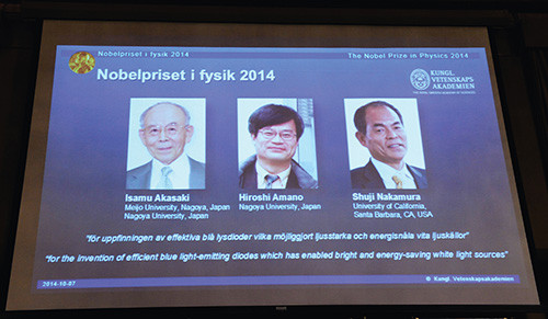 Ba chủ nhân của Giải Nobel Vật lý năm 2014. Ảnh: japantimes.
