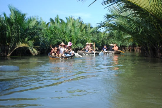 The tourists sightsee the water coconut forest in Cam Thanh commune, Hoi An city.