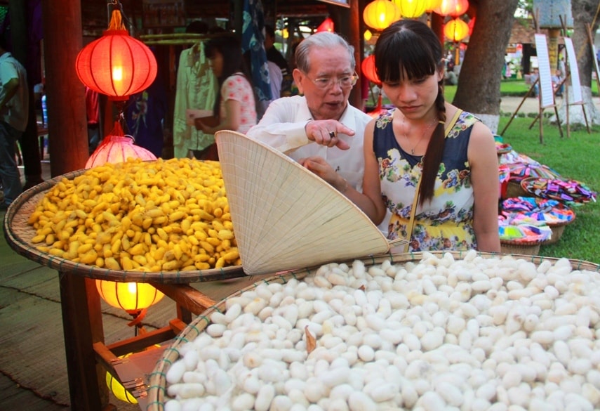 Cùng với quảng bá sản phẩm, làng nghề dệt Hội An còn trưng bày không gian nuôi tơ lấy tằm, phục vụ du khách.