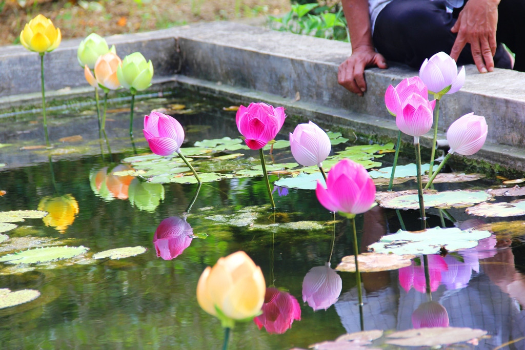 Tại làng cỏ Thanh Tiên, các nghệ nhân còn thực hiện nghệ thuật sắp đặt hoa trên mặt nước, tạo không gian đa chiều khiến du khách thích thú.