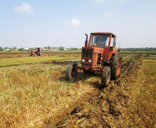 Cải tạo đồng ruộng ở thôn Phú Bông thuộc xã Duy Trinh (Duy Xuyên). Ảnh: HOÀI NHI