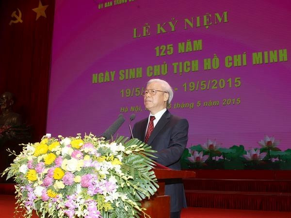 Tổng Bí thư Nguyễn Phú Trọng đọc Diễn văn tại Lễ kỷ niệm. (Ảnh: TTXVN)