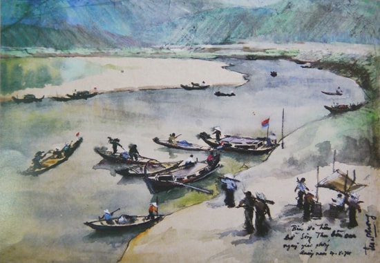 Khung cảnh bình yên ở bến đò Thu Bồn vẽ tháng 10.1974, không lâu sau đó tác giả Hà Xuân Phong đã hy sinh.