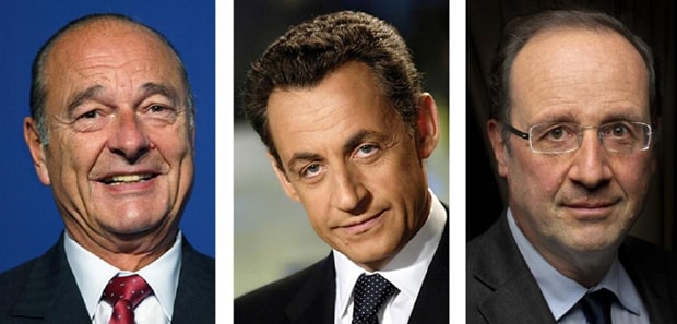 NSA đã do thám hai cựu Tổng thống Jacques Chirac (trái), Nicolas Sarkozy (giữa) và Tổng thống đương nhiệm Francois Hollande.                Ảnh: AFP