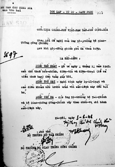 Sắc lệnh số 97 do cụ Huỳnh ký với tư cách quyền Chủ tịch Nước Việt Nam Dân chủ cộng hòa. (Tài liệu sưu tầm tại Trung tâm Lưu trữ quốc gia III)