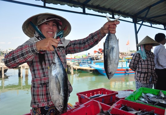 Bán cá ngừ cho thương lái. Ảnh:  Vinh Anh