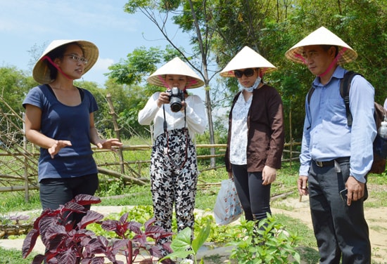 Vũ Mỹ Hạnh (ngoài cùng bên trái) thuyết minh cho khách về khu vườn sinh thái ở  làng Triêm Tây.