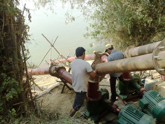 Lắp đặt máy bơm chống hạn tại thôn Thu Bồn Tây (xã Duy Tân, huyện Duy Xuyên) ngay từ đầu vụ đông xuân 2015 - 2016. Ảnh: VĂN SỰ 