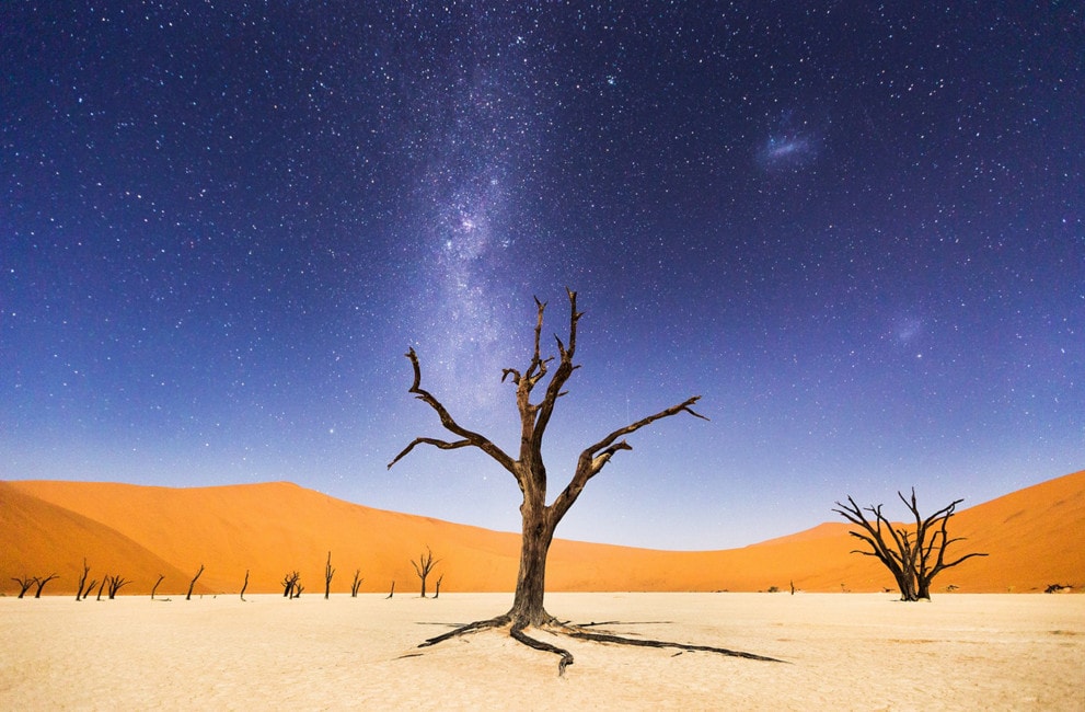 The night before returning to Windhoek, we spent several hours at Deadveli in Namibia. The moon was bright enough to illuminate the sand dunes in the distance, but the skies were still dark enough to clearly see the milky way and magellanic clouds. Deadveli means 