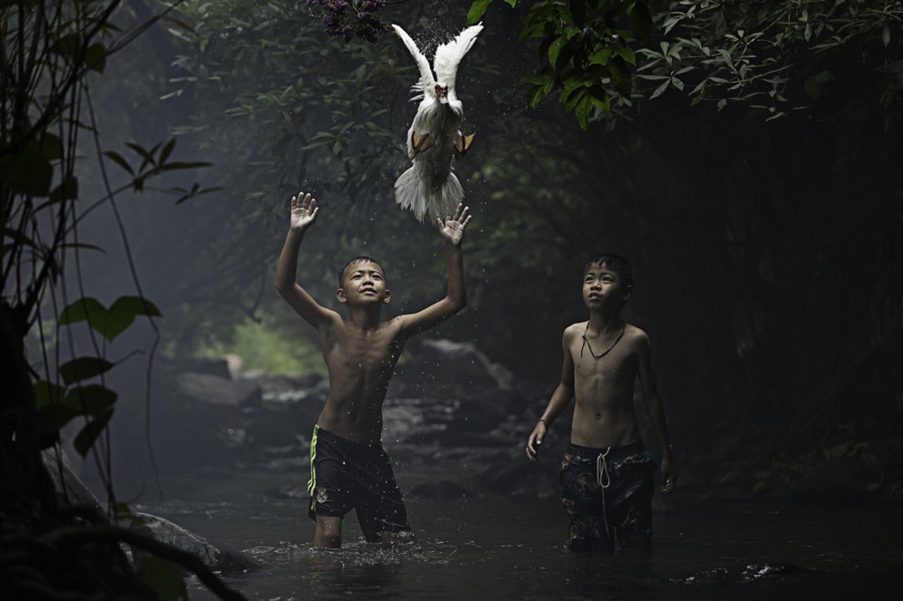 Two boys are trying to catch a duck near a waterfall. © Sarah Wouters