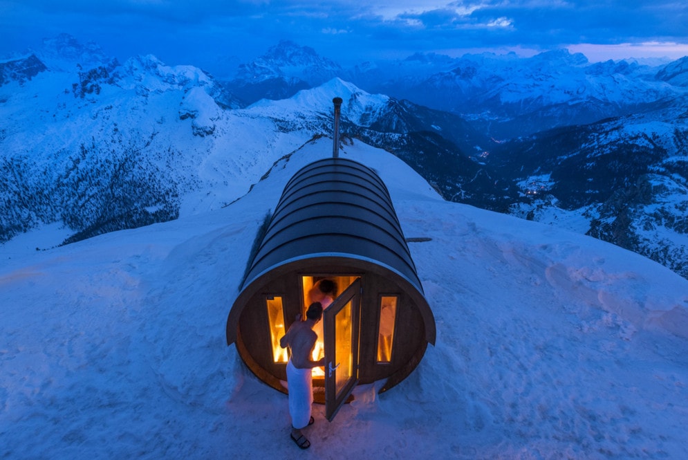 A sauna at 2,800 meters high, in the heart of Dolomites. Monte Lagazuoi, Cortina, eastern Italian Alps. #  © Stefano Zardini