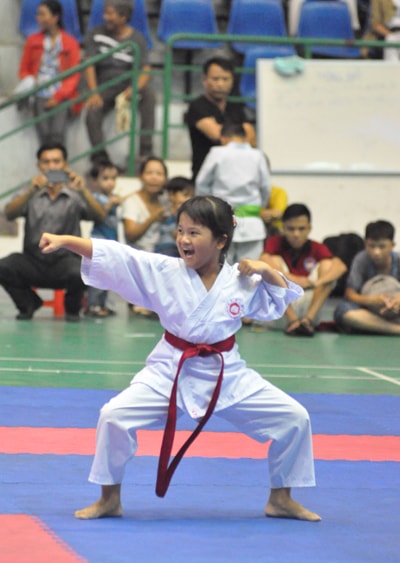 VĐV Nguyễn Thị Thanh Hương 9 tuổi (Duy Xuyên) tạo ấn tượng tại giải Karatedo trẻ tỉnh Quảng Nam.