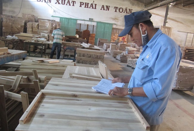 Workers check furniture products for export at a workshop in Quang Nam. All timber collected from log farms have Forest Stewardship Council (FSC) certifications