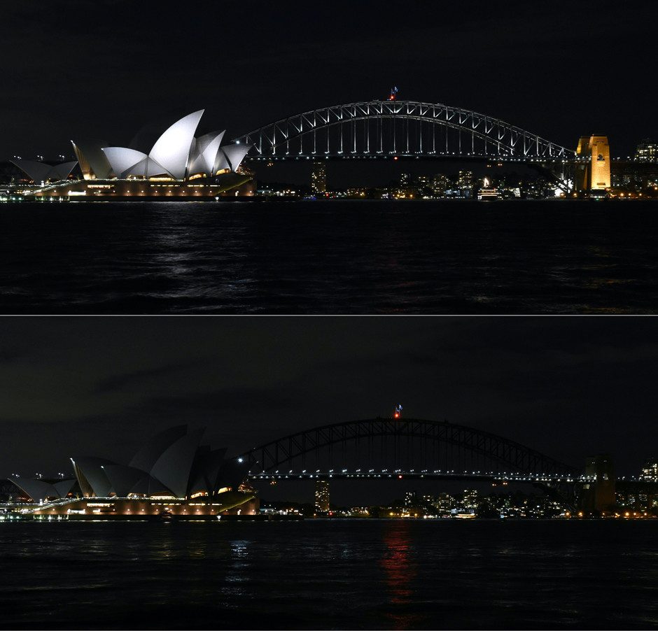 Nhà hát Opera và Cầu cảng Sydney (Australia) tắt đèn để hưởng ứng Giờ Trái đất 2016. Với dân số hơn 23 triệu người, Australia nằm trong top 20 quốc gia tiêu thụ năng lượng nhiều nhất thế giới. 