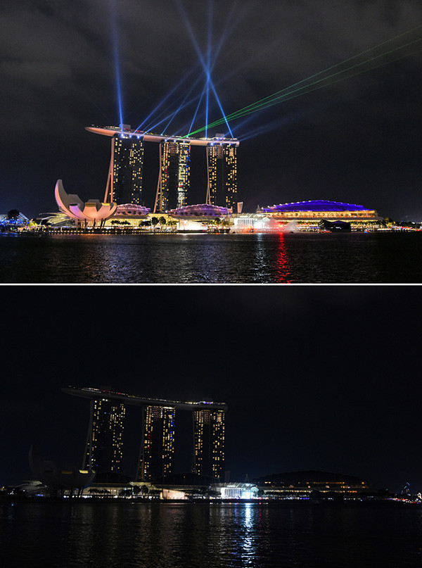 Vịnh Marina- một quần thể kiến trúc tuyệt đẹp của Singapore, trước và sau tắt đèn vào tối 19.3. Singapore hiện là một trong những thành phố đáng sống nhất thế giới. 
