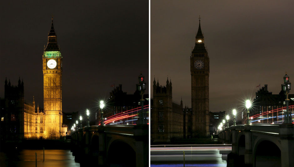 Tháp Big Ben cùng toàn nhà Quốc hội, Cung điện Buckingham của nước Anh tắt đèn trong sự kiện chung của toàn cầu. 