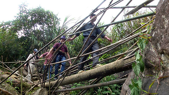 Dân thôn 4 Trà Linh làm cầu tạm vượt suối.