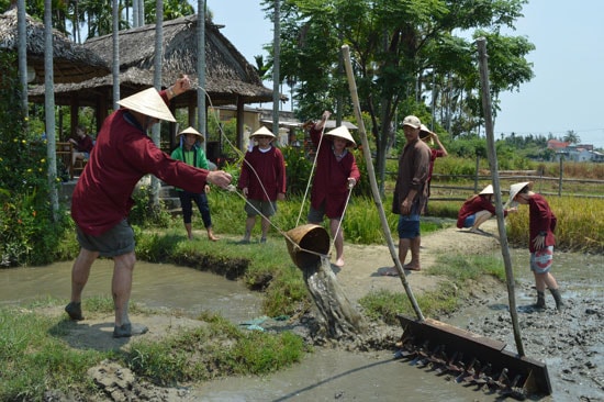 Du khách tham gia tát nước làm ruộng trong một tour du lịch thôn quê. Ảnh: V.LỘC