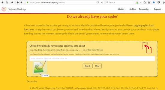Để đối chiếu xem mã nguồn của mình có trên kho mã nguồn phần mềm Software Heritage hay chưa, nhà phát triển kéo các tập tin cần kiểm tra vào khung này để thực hiện việc kiểm tra file.