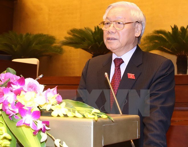 Tổng Bí thư Nguyễn Phú Trọng phát biểu tại lễ khai mạc kỳ họp thứ nhất của Quốc hội khóa XIV. (Ảnh: Trí Dũng/TTXVN)