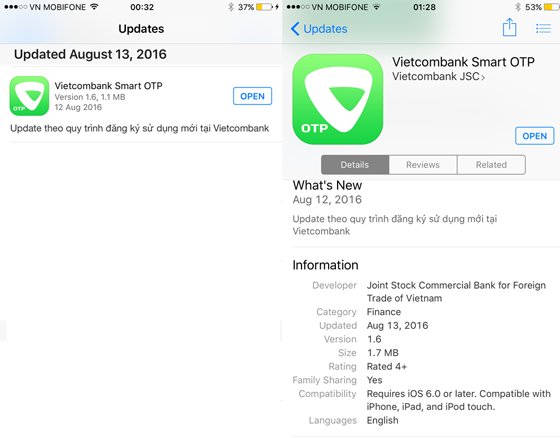 Vietcombank mới đưa bản cập nhật ứng dụng dụng Smart OTP mới nhất lên App Store của Apple