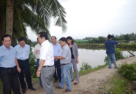 Khảo sát khu nuôi thủy sản tập trung ở thôn Diêm Trà (Tam Tiến). Ảnh: N.Q.V