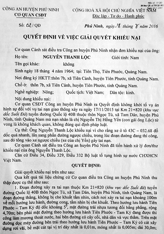 Quyết định về việc giải quyết khiếu nại do Thủ trưởng CQCSĐT Công an huyện Phú Ninh ký ngày 28.7.2016. Ảnh: H.G